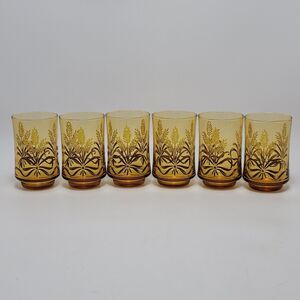 Libbey Wheat & Ribbon Design Vintage Amber Juice Iced Tea Water Glasses Set of 6